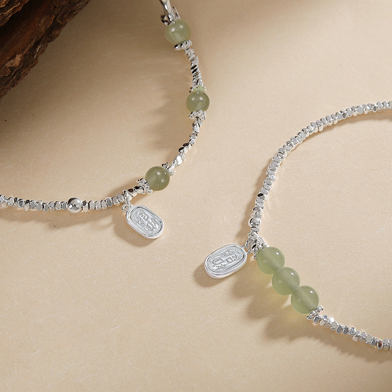Beaded Anklet Chain - 925 Sterling Silver Anklet Green Jade